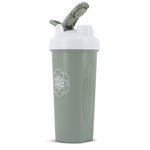 Green shaker bottle with white flip-top lid and geometric sun logo on front