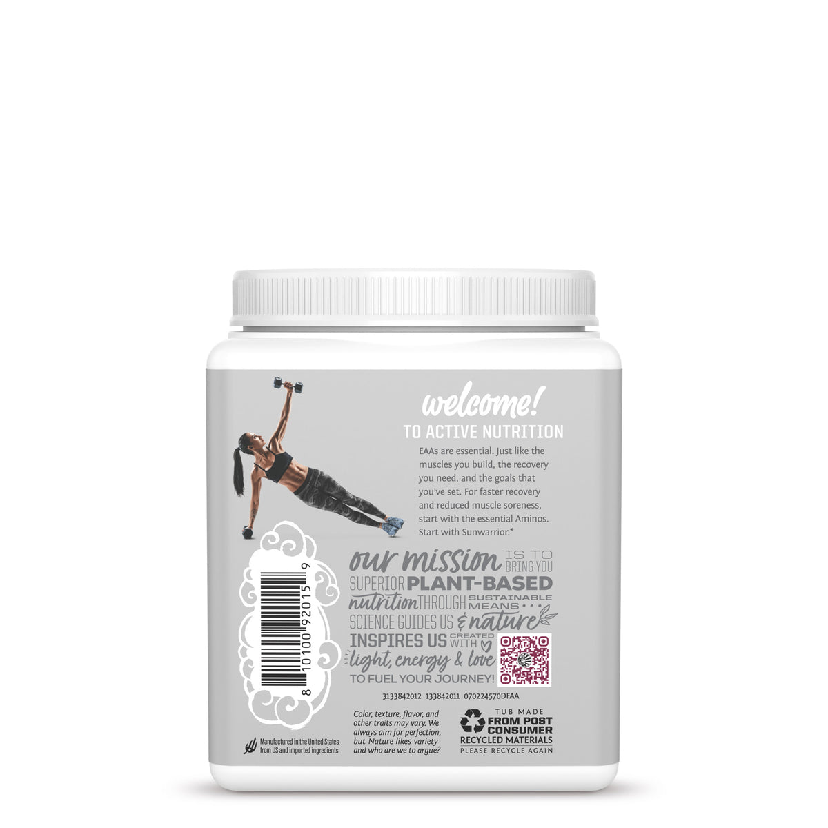 Back of white nutrition container with fitness woman image and active nutrition text information.