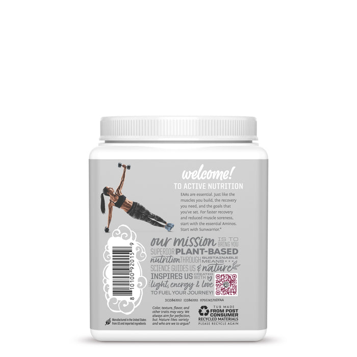 Back of white nutrition container with fitness woman image and active nutrition text information.