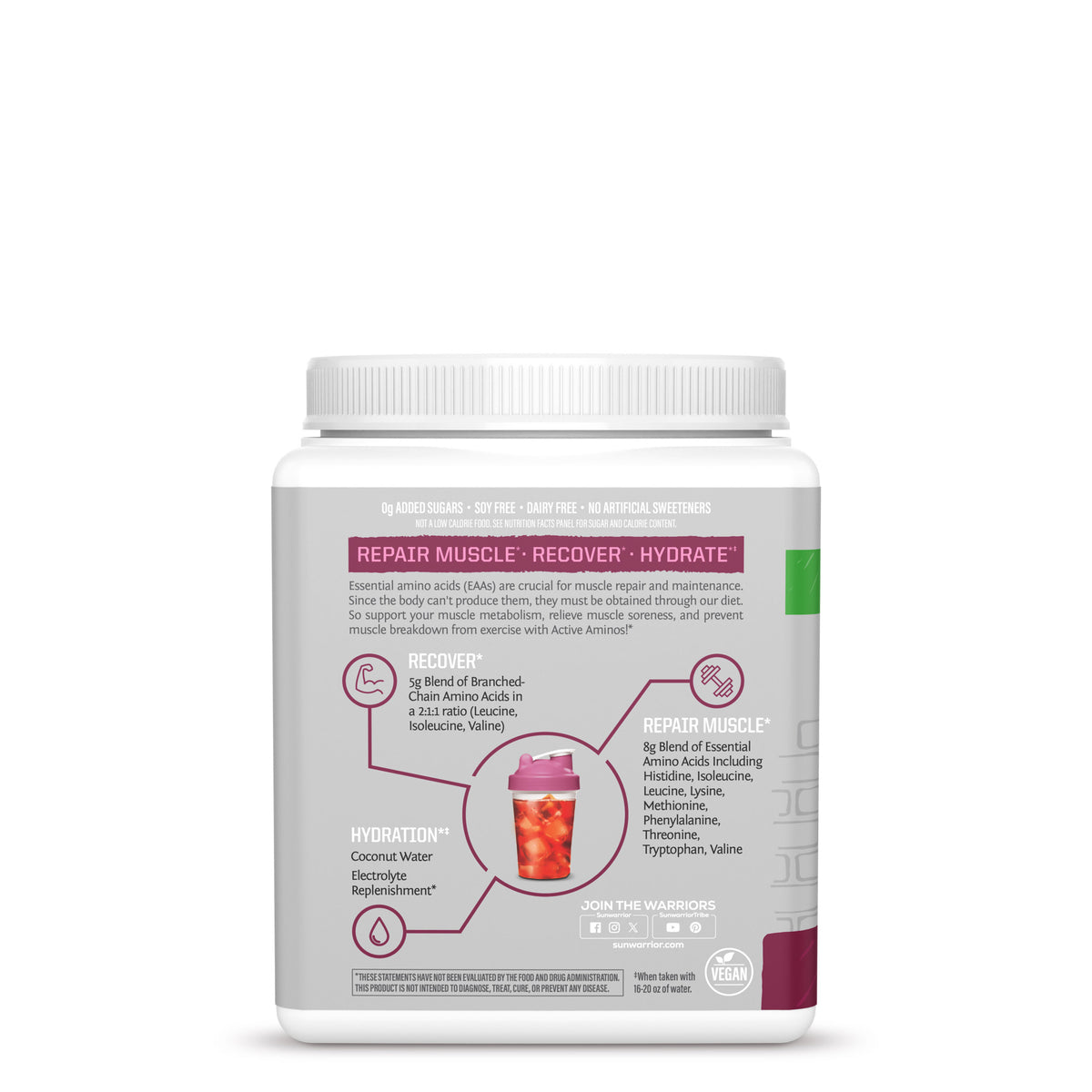 Container with muscle recovery amino acids and hydration info plus coconut water and electrolyte benefits