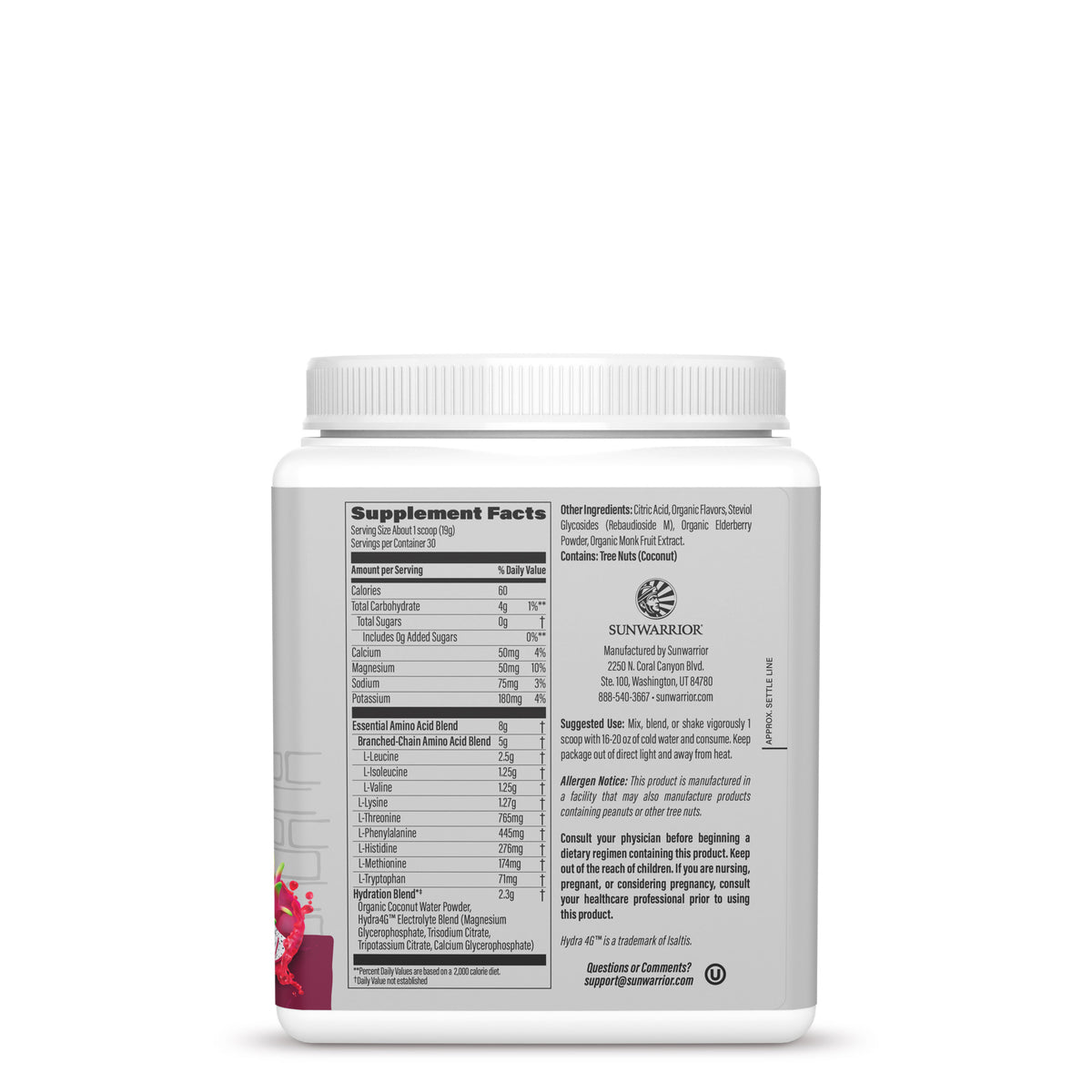 Back view of a white container with supplement facts and ingredients label for a wellness powder.