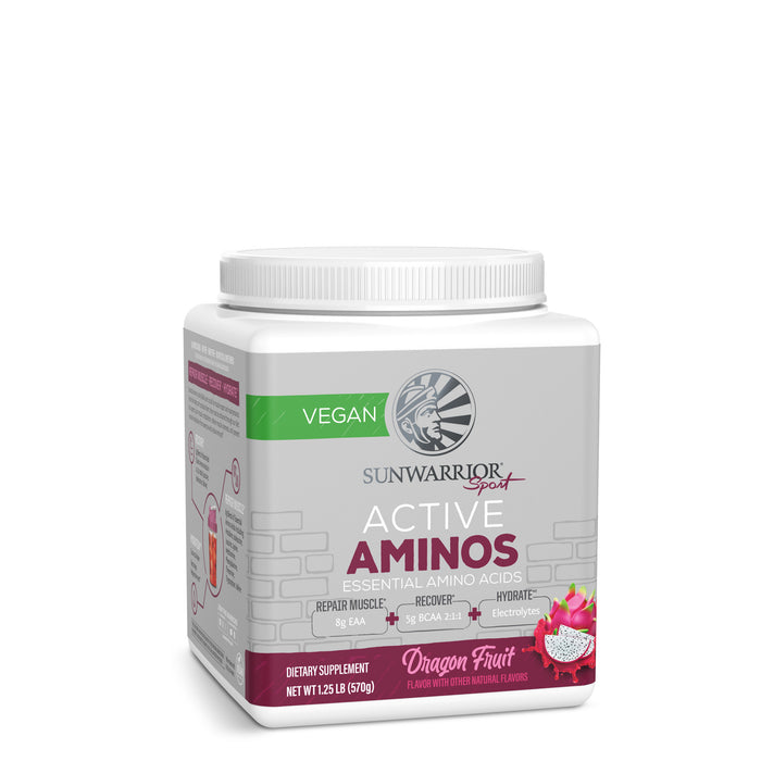 White container of Sunwarrior Active Aminos vegan supplement with dragon fruit flavor label