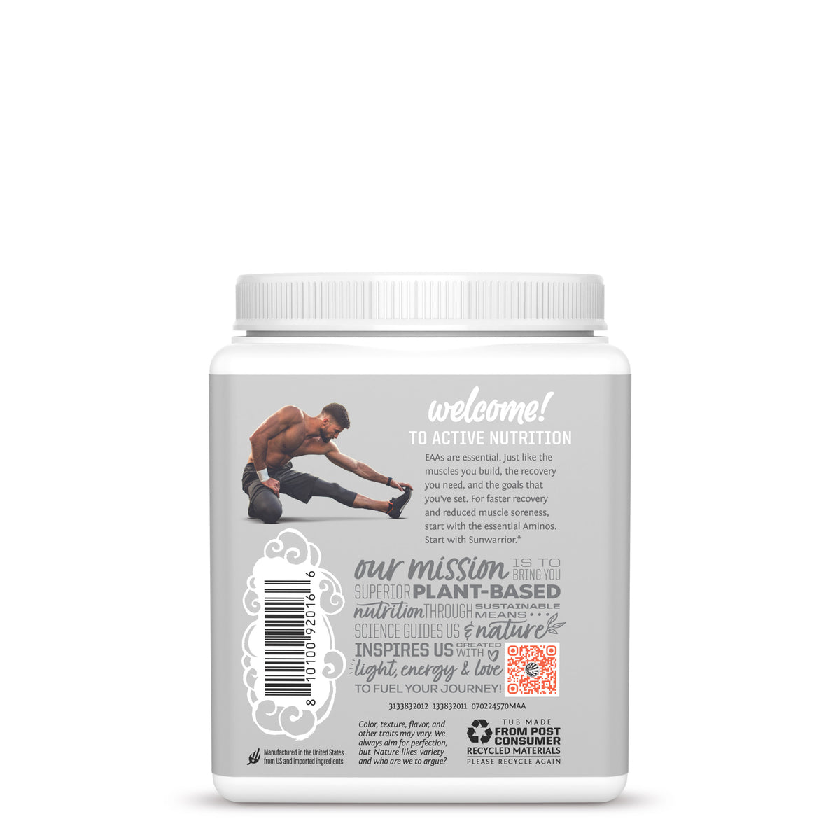Back of a white container with a stretching man image, welcome message, barcode, and product details text