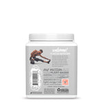 Back of a white container with a stretching man image, welcome message, barcode, and product details text