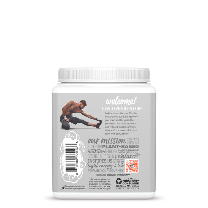 Back of a white container with a stretching man image, welcome message, barcode, and product details text