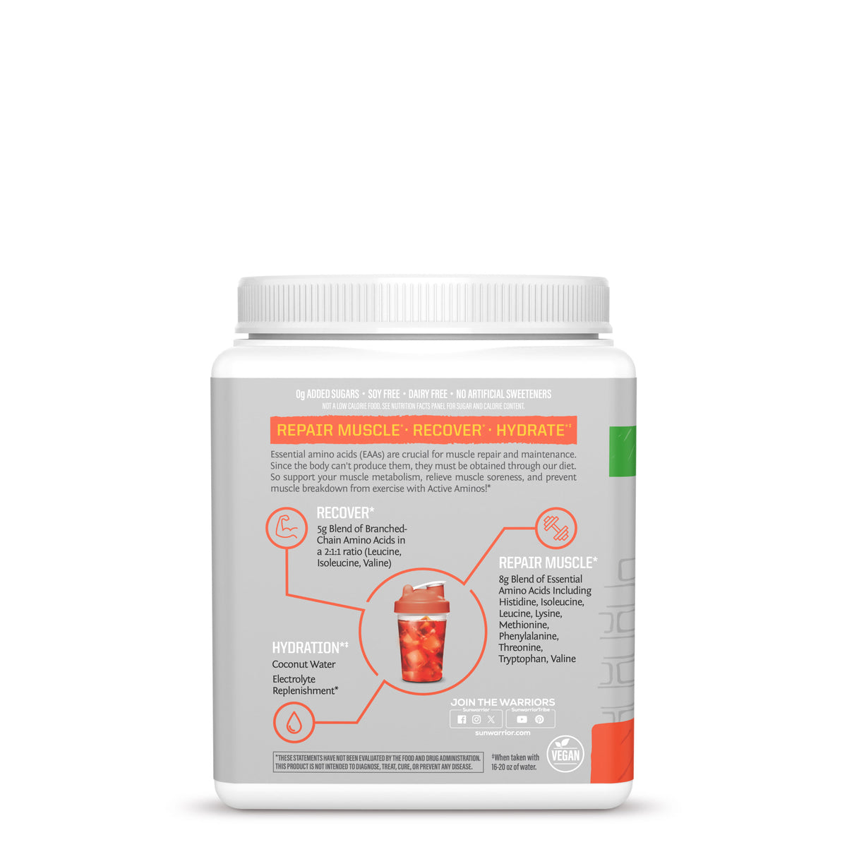 White container label showing muscle repair, recovery, and hydration benefits with amino acids and coconut water details.