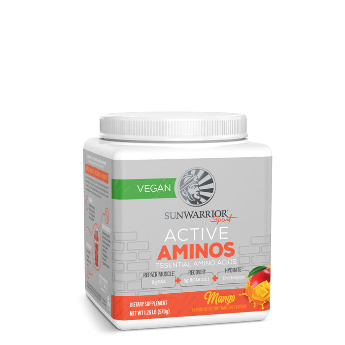 Container of Sunwarrior Active Aminos mango flavor vegan essential amino acids dietary supplement