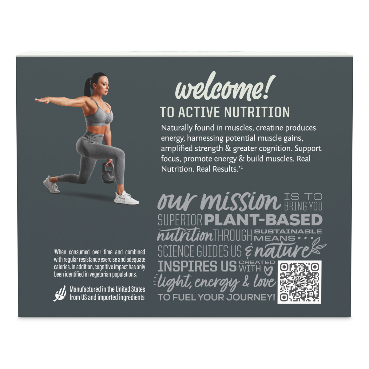 Back of a nutrition supplement package featuring a woman in athletic wear lunging with a kettlebell, text describing creatine benefits and the brand's plant-based mission, plus a QR code.