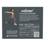 Back of a nutrition supplement package featuring a woman in athletic wear lunging with a kettlebell, text describing creatine benefits and the brand's plant-based mission, plus a QR code.