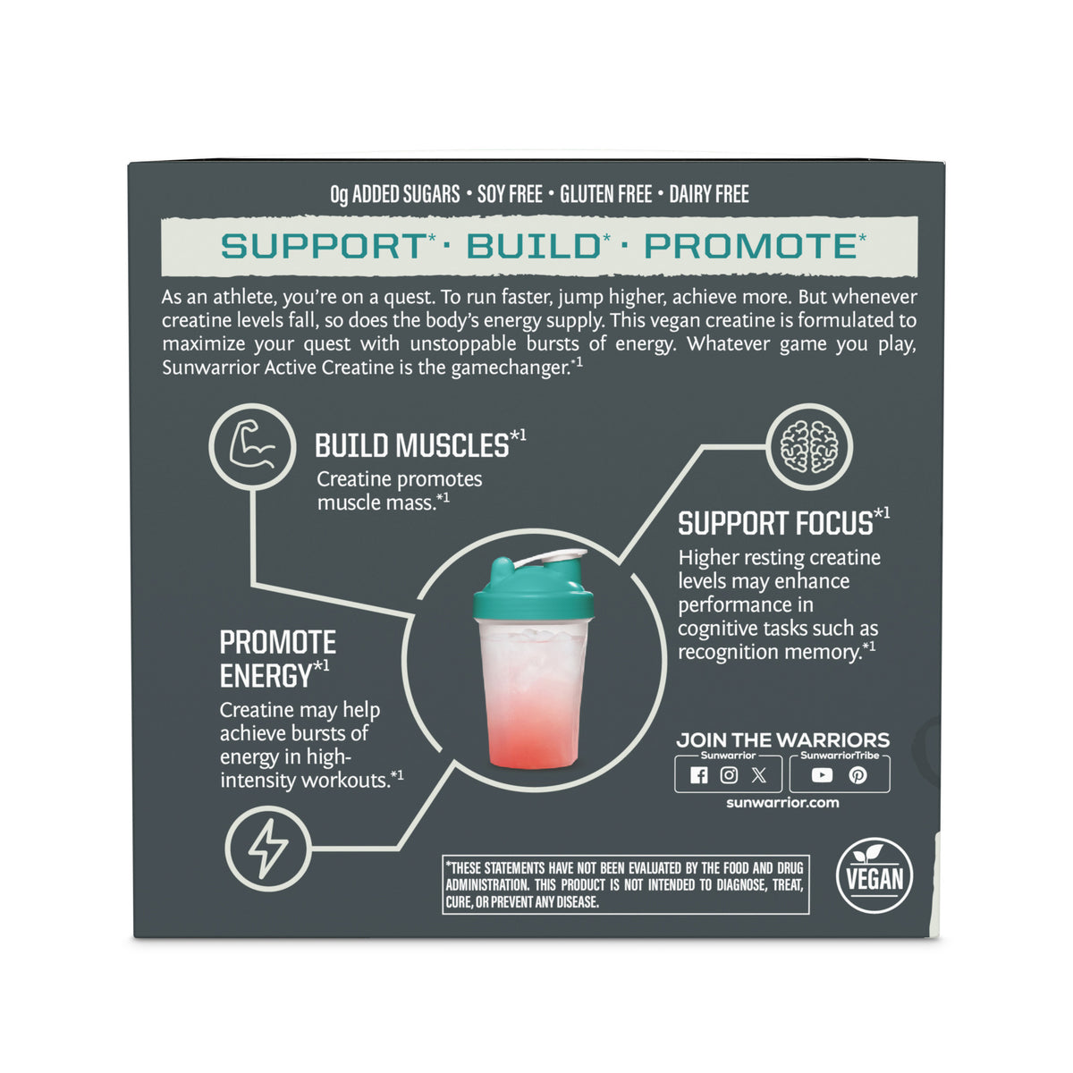 Back panel of a supplement box displaying benefits of creatine including building muscles, promoting energy, and supporting focus, with a graphic of a shaker bottle and vegan certification.