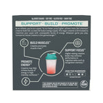 Back panel of a supplement box displaying benefits of creatine including building muscles, promoting energy, and supporting focus, with a graphic of a shaker bottle and vegan certification.