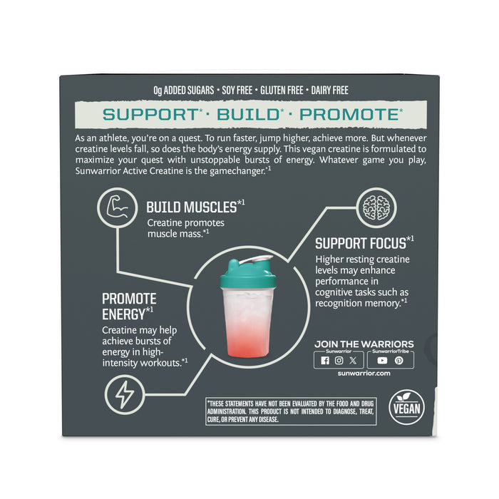 Back panel of a supplement box displaying benefits of creatine including building muscles, promoting energy, and supporting focus, with a graphic of a shaker bottle and vegan certification.