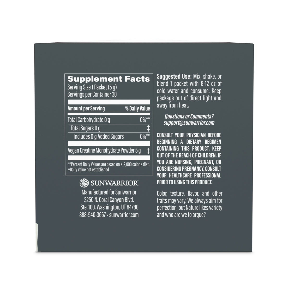 Supplement facts label showing vegan creatine monohydrate powder content, usage instructions, contact email, and health warnings on a dark background.