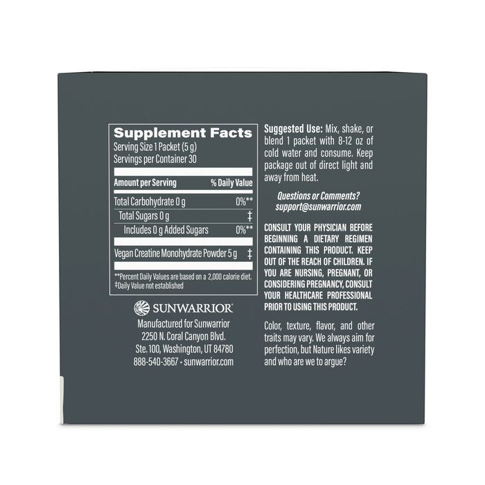 Supplement facts label showing vegan creatine monohydrate powder content, usage instructions, contact email, and health warnings on a dark background.