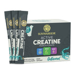 Sunwarrior Active Creatine dietary supplement box with three individual stick packs displayed upright