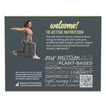 Woman in athletic wear performing a lunge exercise with informational text about active nutrition and plant-based support next to her