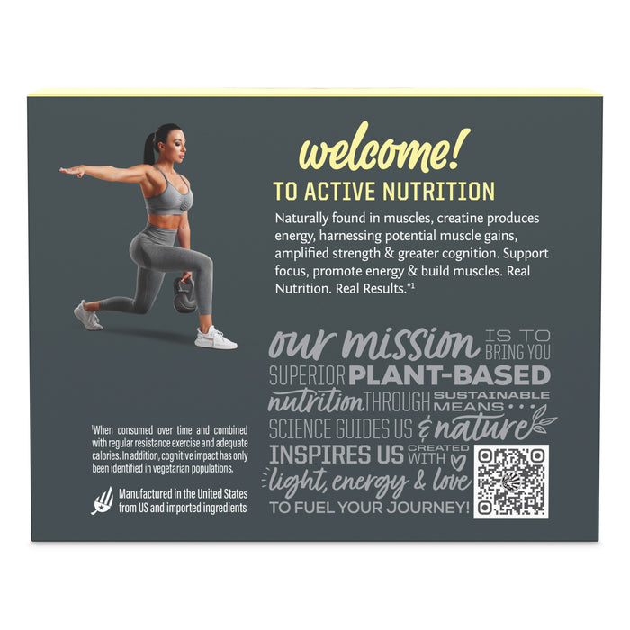 packaging for Active Creatine Lemonade with a woman in athletic wear on a dark background
