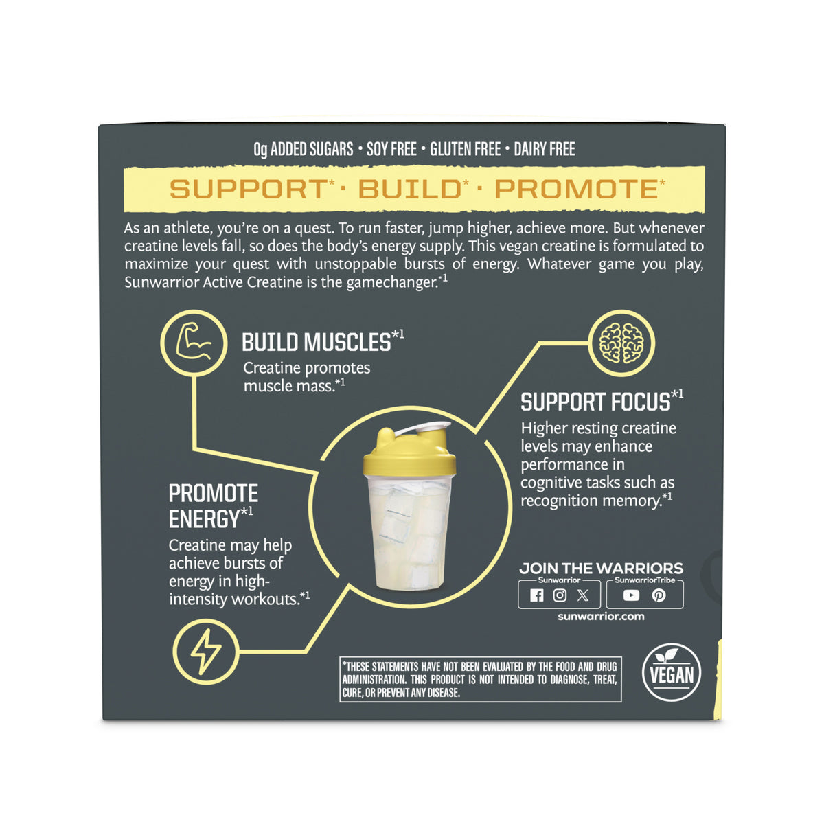Sunwarrior Active Creatine supplement packaging with text and graphics on a dark background