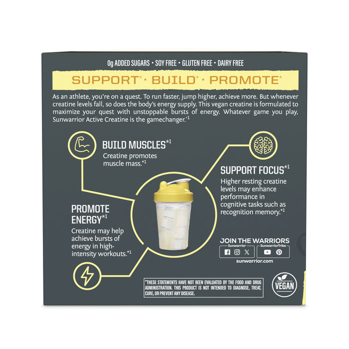 Back of a supplement box highlighting benefits of vegan creatine for muscle building, energy, and cognitive focus.