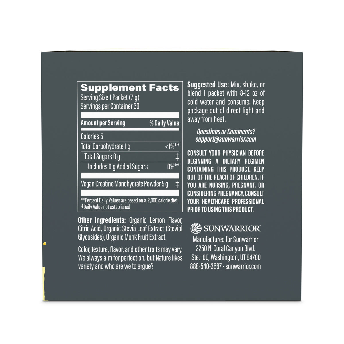 Supplement facts and suggested use on a Sunwarrior creatine monohydrate powder package with dosage and ingredient details.