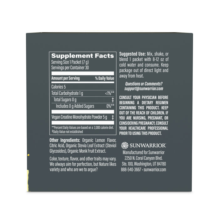Supplement facts and suggested use on a Sunwarrior creatine monohydrate powder package with dosage and ingredient details.