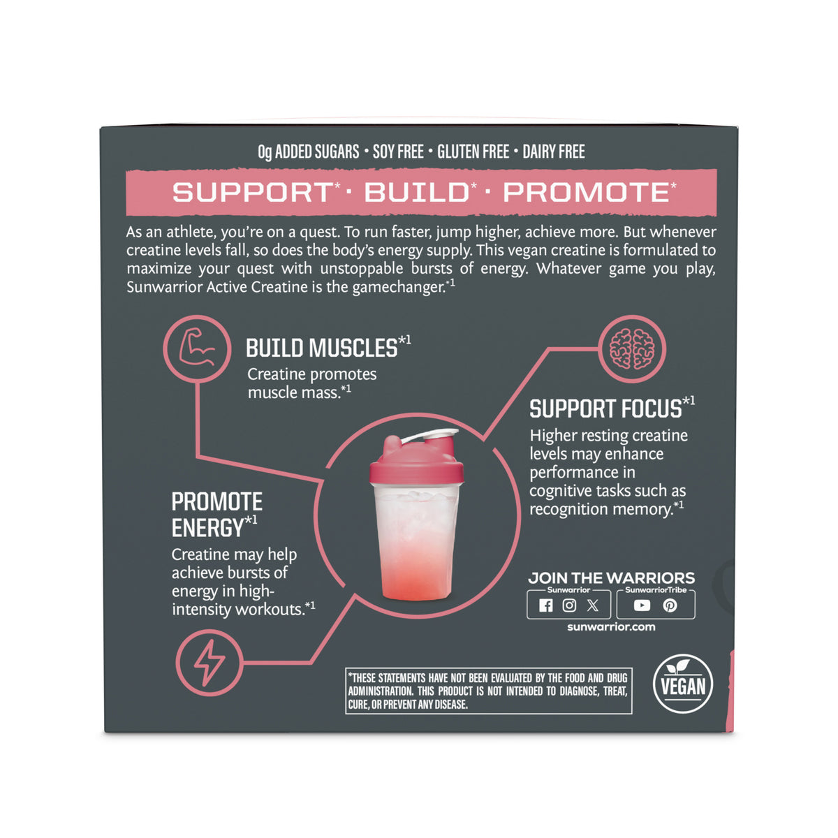 Sunwarrior Active Creatine Monohydrate packaging with text and graphics on a white background