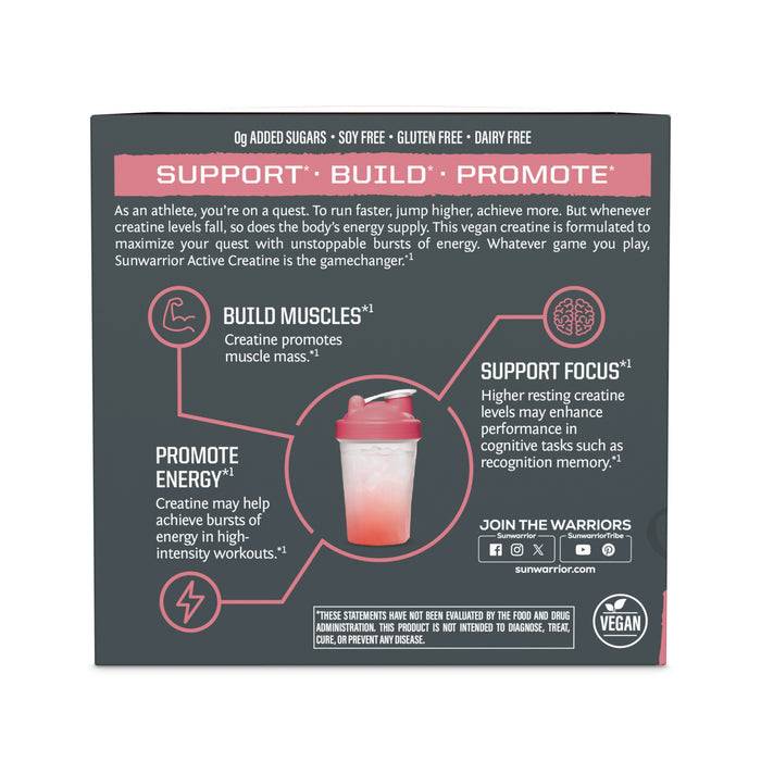 Sunwarrior Active Creatine Monohydrate packaging with text and graphics on a white background