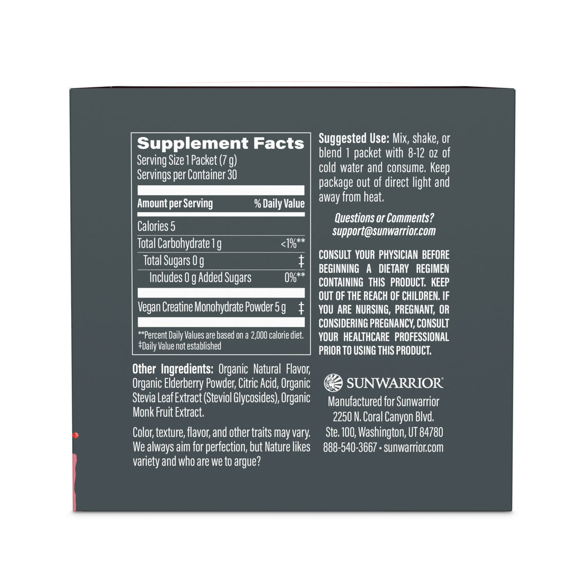 Sunwarrior Active Creatine Raspberry Supplement facts label on a dark gray background 