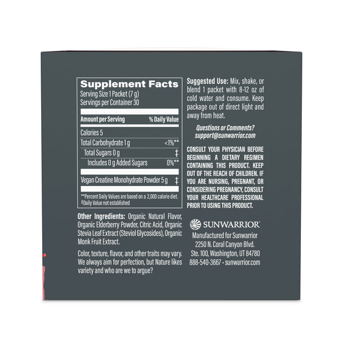 Sunwarrior Active Creatine Raspberry Supplement facts label on a dark gray background 