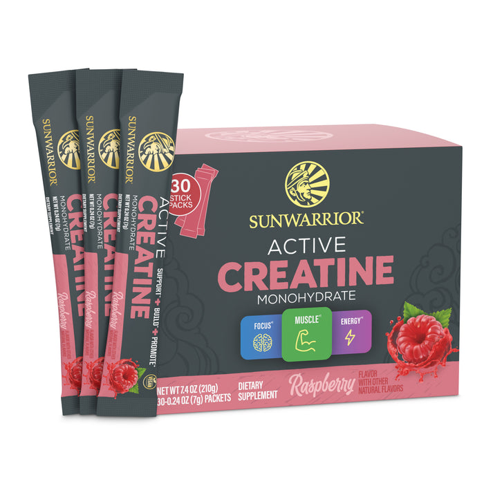 Sunwarrior Active Creatine Monohydrate packaging with stick packs on a white background