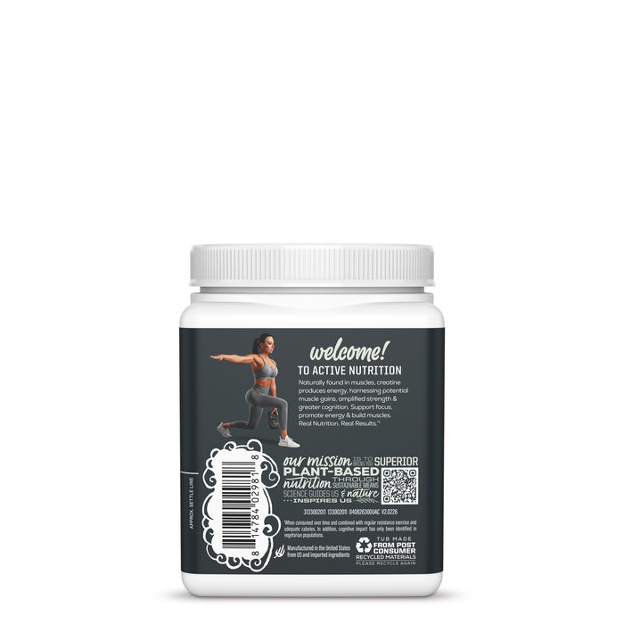 White plastic jar with a black label featuring text and a fitness image of a woman exercising