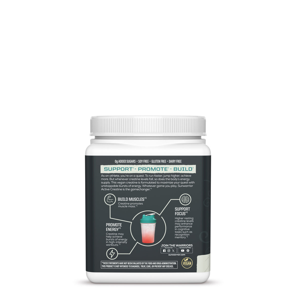 Container label showing support, promote, build with creatine for muscle and energy benefits