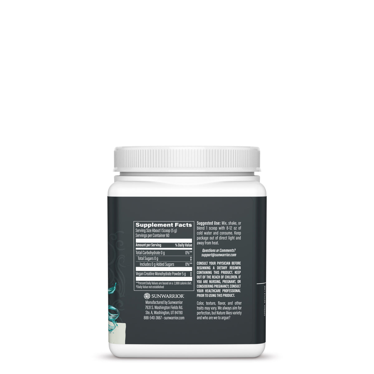 Supplement facts label on a white container with instructions and company contact information.