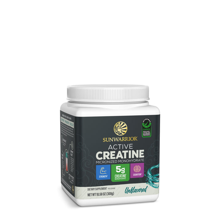 White container of Sunwarrior Active Creatine micronized monohydrate dietary supplement