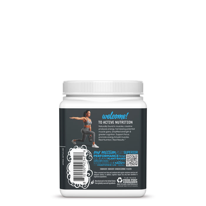 Back view of a white supplement container with text, barcode, and a fitness image on the label
