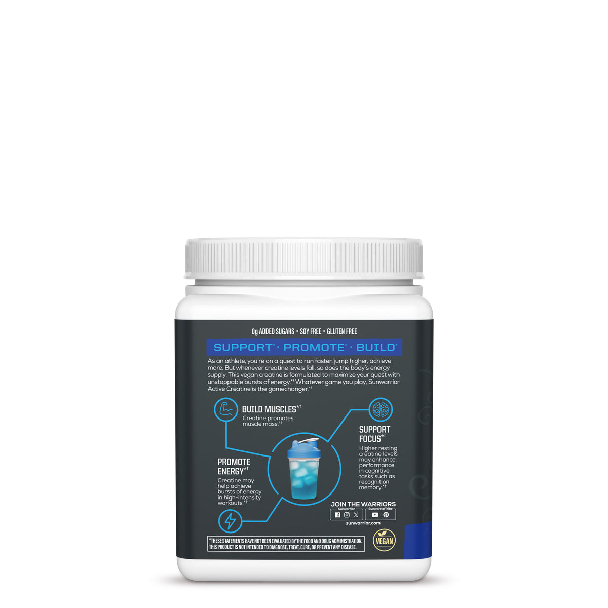 White supplement container with a detailed label describing creatine benefits for muscle and energy support