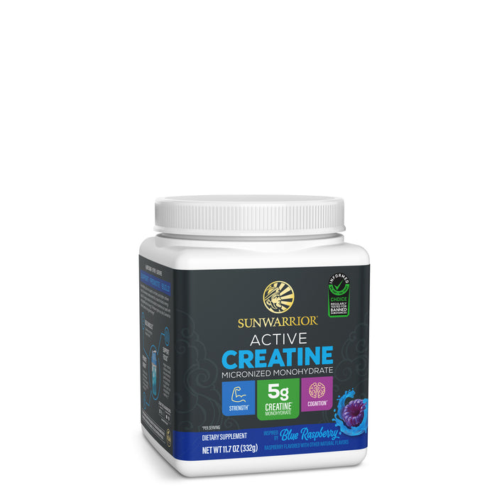 Container of Sunwarrior Active Creatine micronized monohydrate dietary supplement in blue raspberry flavor