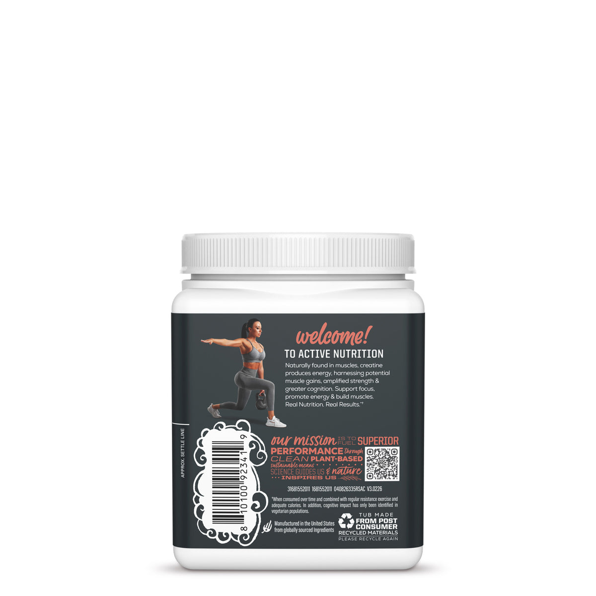 Back of a container with text about active nutrition and an athlete lunging illustration.