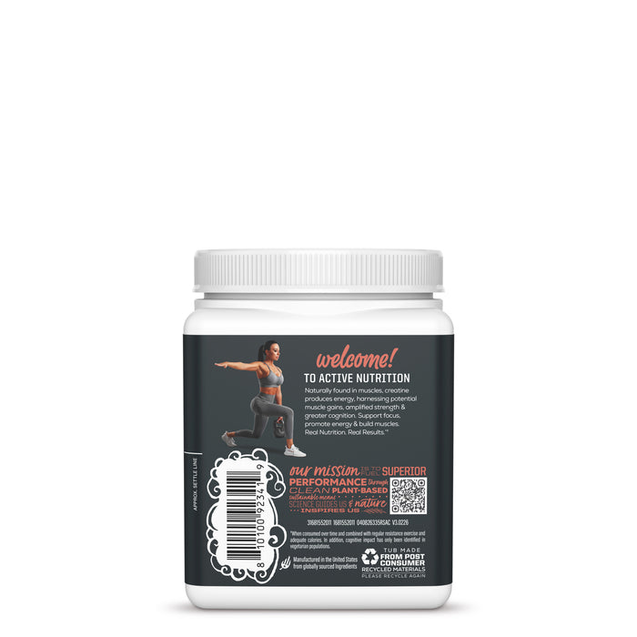 Back of a container with text about active nutrition and an athlete lunging illustration.