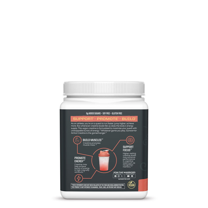 White container with a black label detailing creatine benefits and usage instructions on a white background