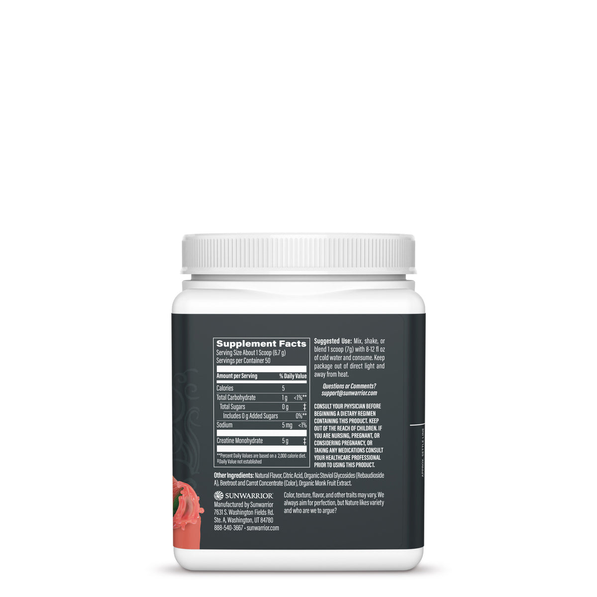 Back view of a creatine supplement container showing detailed nutrition facts and usage instructions.