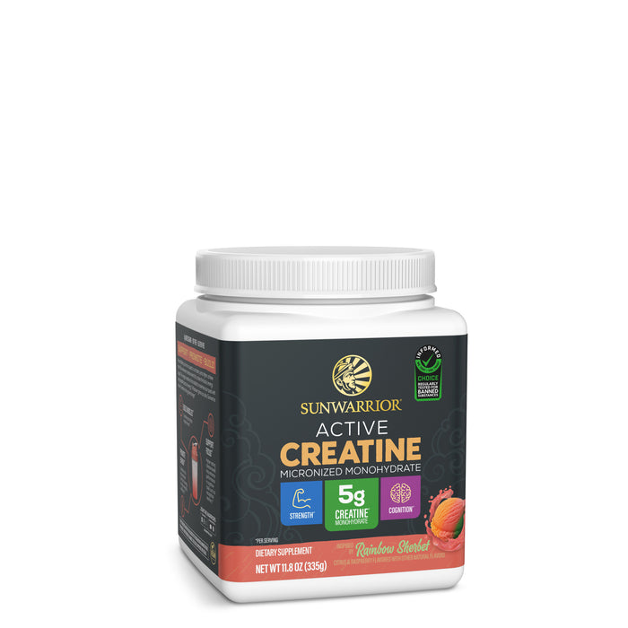 Container of Sunwarrior Active Creatine micronized monohydrate supplement with rainbow sherbet flavor label