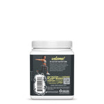 Back view of a nutrition supplement container with text, a barcode, and an athletic woman exercising graphic.