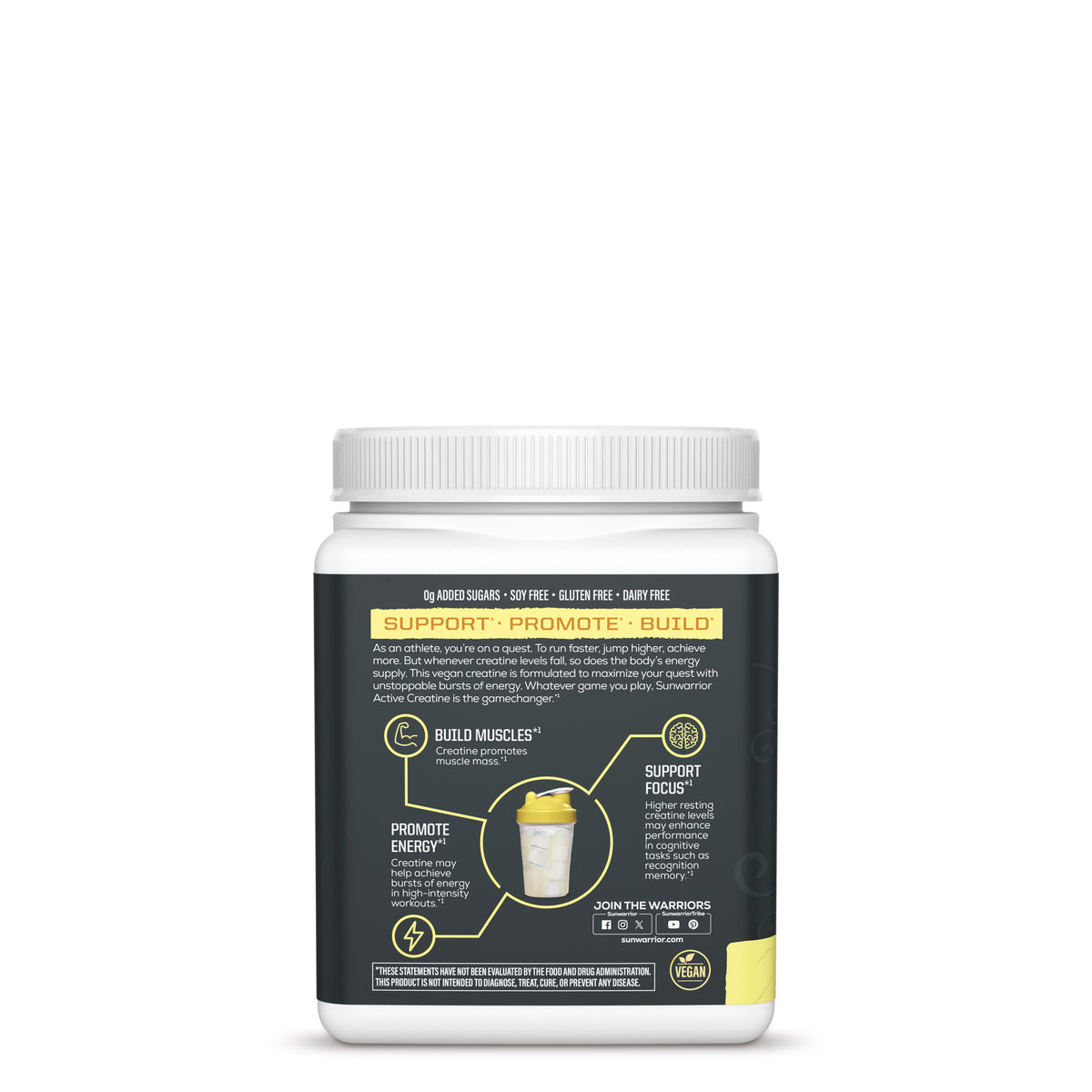 White container with black label showing creatine benefits and usage instructions for muscle support and energy.