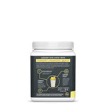 White container with black label showing creatine benefits and usage instructions for muscle support and energy.