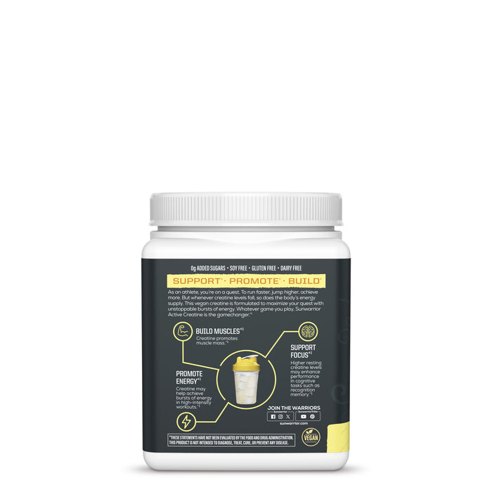 White container with black label showing creatine benefits and usage instructions for muscle support and energy.