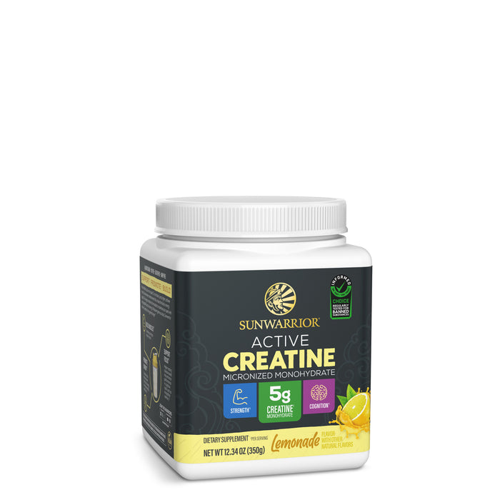 Sunwarrior Active Creatine supplement container with lemon flavor for energy and strength support