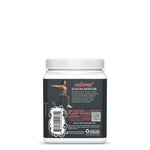 Back view of a white container with a black label featuring text and an image of a woman exercising