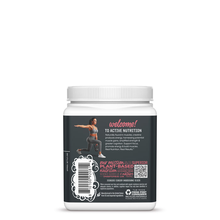 Back view of a white container with a black label featuring text and an image of a woman exercising