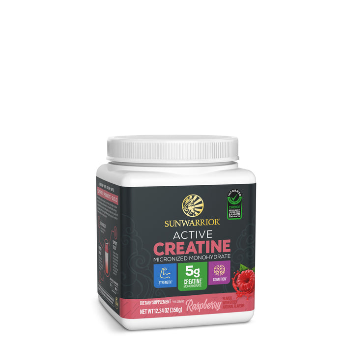 Sunwarrior Active Creatine powder container with raspberry flavor and supplement information on label